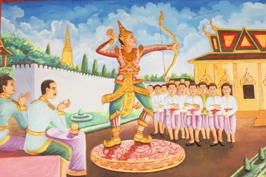 Preah Prom Rath Monastery: Life of the Buddha: Prince Siddhartha Gautama became a champion of swordplay, wrestling and archery, Siem Reap, Cambodia