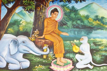Preah Prom Rath Monastery: Life of the Buddha - Siddhartha Gautama with the Devoted Elephant and Monkey, Siem Reap, Cambodia
