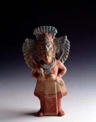 Pre-Columbian art, Maya civilization, Late Classic period: anthropomorphic clay statuette representing a standing figure and functioning as a musical instrument. From Nebaj, Quiché, Guatemala. Dimensions: 21 x 11 cm. Guatemala, National Museum of