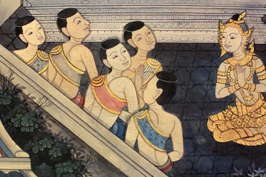 Prince Rama: Mural detail on inner walls of the Vihara from the era of King Rama III depicting the Ramakian, Wat Pho - Wat Phra Chettuphon, 1788, Bangkok, Thailand