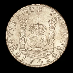 Rare Silver Coin, Spanish America King Ferdinand VI, 8 Reale, Pillars of Hercules on Straits of Gibraltar with globes, crown