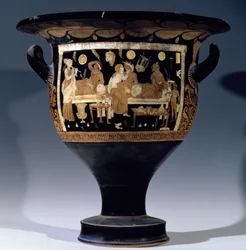 Red-figure bell krater depicting a banquet scene