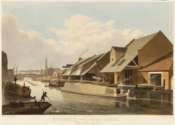 Regent Canal and the Islington City Basin, the Most Important Traffic Center on the Canal, Described with Warehouses and Loading Docks for Goods