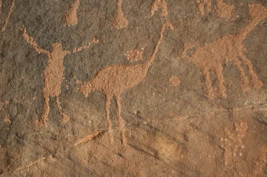 Rock art, Prehistory: Engraving of a character and ostriches in the Uweinat massif, Sudan (Period from 8000 to 3000 years BC). Photography