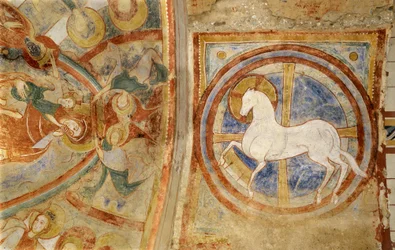 Romanesque art: Church of Notre Dame in Montmorillon, Vienne, Poitou-Charentes, France, frescoes from the crypt of Princess Saint Catherine of Alexandria, the lamb of the Apocalypse presented as a horse