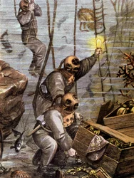 Scuba Diver Discovering Underwater Treasure, Early 20th Century (Illustration)