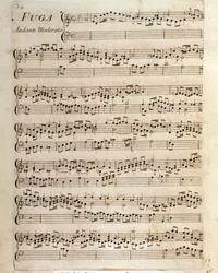 Sheet music page for Fugue in Pieces for the harpsichord by Domenico Scarlatti