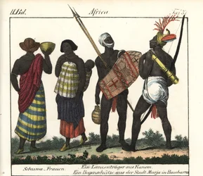 Shoua women with a baby, a spear and an archer from the Kanem Empire (Chad and Libya). Lithography for the book: “Galerie complete en tableaux fideles des peuples d