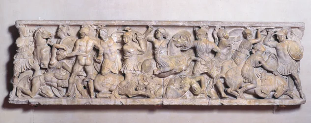 Side of a sarcophagus depicting the battle between the Greeks and the Amazons