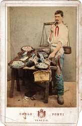Small Trades: Portrait of Fish Monger, Close to His Stall of Fish, Venice - 19th Century
