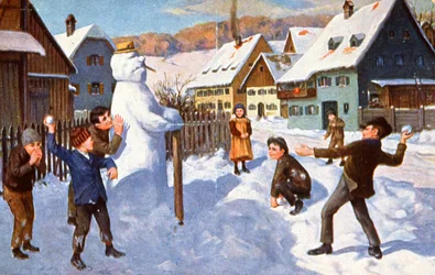 Snowman and Children Playing, c. 1910 (Postcard)