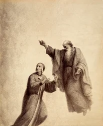 St. Bernard Indicates to Dante the Rose of the Blessed Where Beatrice Sits (Illustration of Canto XXXI in Paradiso of The Divine Comedy by Dante Alighieri)