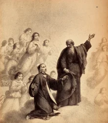 St. Bernard, smiling, motions Dante to look on high; the poet is kneeling, with open arms, next to the saint; blessed spirits surround them. Illustration of Canto XXXIII in Paradiso of The Divine Comedy by Dante Alighieri. Work of Francesco Scaramuzza de