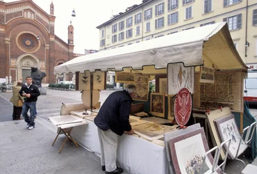 Stall Selling Prints, Piazza del Carmine, Milan, Lombardy, Italy