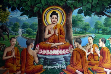 Temple fresco depicting Buddha with disciples, Cambodia