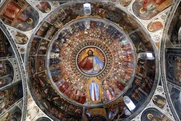 The Padua Baptistery. Ceiling frescoes 14th century by Giusto de Menabuoi. The Paradise. Blessing Christ with angels, patriarchs, prophets and saints. Padua. Italy.