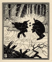 The baron explodes a black bear with two flints. Illustration by William Strang (1859-1921) and J. B. Clark from “The Adventures of the Baron of Munchausen (Munchhausen)” by Rudolf Erich Raspe (1736-1794) (1789)