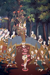 The birth of infant Siddhartha, Wall fresco, Wat Botum temple, Phnom Penh, 2022