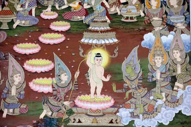 The birth of infant Siddhartha, Wall fresco, Wat Maniratanaram monastery, Phnom Penh, 2022