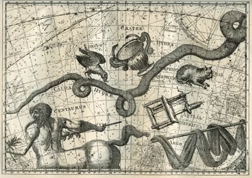 The constellation of Hydra, with a Crow that tingled it and a Cup of Balancing, originated from the myth of Apollo who had sent a crow with a cup full of water to make a sacrifice to Jupiter. Below the Hydra, the French astronomer Lalande (1732-1807)