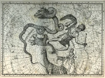 The nearby constellations of the North Pole: Little Bear, Dragon, Cephee, Giraffe, Reindeer and Messier. Engraving from Camille Flammarion