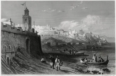The picturesque port of the fortified city of Tangier in the 19th century, in the book on the Mediterranean by Louis Enault, a French journalist and traveller
