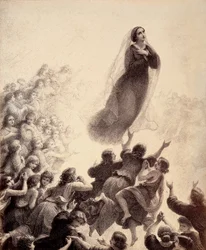 The spirits of the blessed, with outstretched arms, accompany Mary