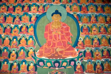Meditating Buddha with Many Small Buddhas, Chemre Gompa Monastery, India