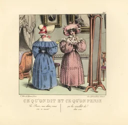 Two Ladies Dressing Before a Mirror in a Parlor