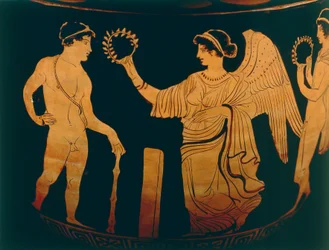 Vase, decoration depicting victory crowns an athlete with olive branch, detail