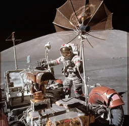 View of Astronaut Eugene Cernan beside lunar roving vehicle during EVA