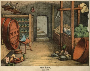 View of the interior of a cellar used to preserve both wine and vegetables, cold meats. Plate from a French-German children