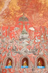 Wall with Small Buddhas and Leaded Glass Figures, Shwe Yaunghwe Kyaung Monastery, Nyaungshwe, Inle Lake, Myanmar