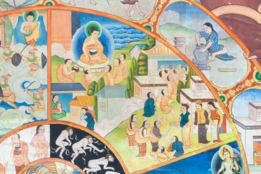 Wheel of life (detail), wall painting at Wat Umong, Chiang Mai, Thailand
