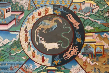 Wheel of Life or Wheel of Samsara (Mandala): rooster, snake and pig. Kopan Monastery, Kathmandu, Nepal