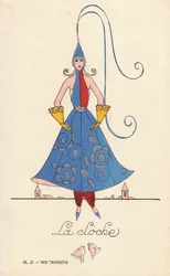 Woman in bell fancy dress costume with bell-shaped hat, dress and gloves, and belltowers in the background