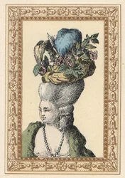 Woman in combed up hairstyle with cap decorated with grapes and feathers called Racy Cap in an English Park