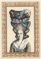 Woman in the Gabrielle Vergy bonnet, tied with ribbons and garlands of flowers