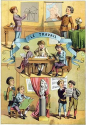 Work in the classroom. Engraving in 
