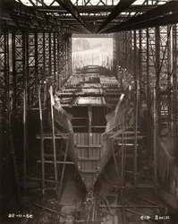 Work starts on the construction of the main deck of Northbank at the shipyard of William Doxford & Sons, Sunderland, 22nd November 1956