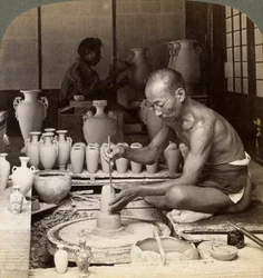 A Potter and His Wheel, Fashioning a Vase of Awata Porcelain, Kinkosan Works, Kyoto, Japan, 1904