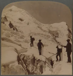Ascent of Mt. Blanc - Crossing Bossons Glacier - Grands Mulets in Distance, Alps