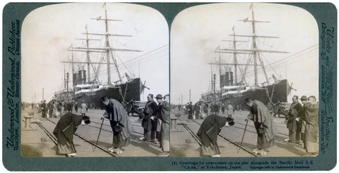 Greeting for newcomers on the pier alongside the Pacific Mail SS China, Yokohama, Japan