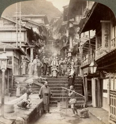 Main Street up the Steep Side of Mount Haruna at a Famous Village of Hot Springs, Ikao, Japan