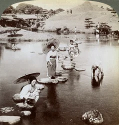 Women Crossing the Lake on Stepping Stones, Suizen-ji Garden, Kumamoto, Japan