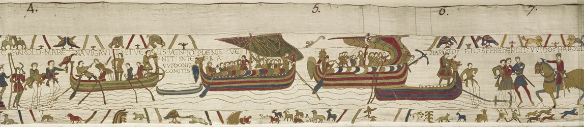 Harold crosses the Channel into the territory of Guy, Count of Ponthieu, where he is captured, Bayeux Tapestry