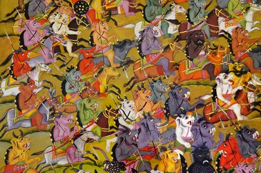 Marwar Painting: (Detail) The Demons Prepare for Battle Against the Goddess Durga, Mehrangarh Fort Palace Museum, Jodhpur, Rajasthan, India