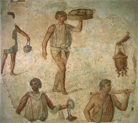 Preparations for a Banquet, Fragment of Marble, Limestone and Glass Mosaic Pavement from Carthage, Roman