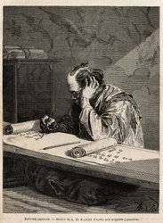 A Japanese writer at his work table, editing a text on a long roll that he rolls or unrolls according to the progress of his task. Engraving to illustrate the voyage to Japan, in 1863-1864, by Aime Humbert, minister of the Swiss Confederation, in Le tour