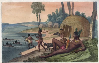 A Korah Hottentot Village on the Left Bank of the Orange River - Engraving from 